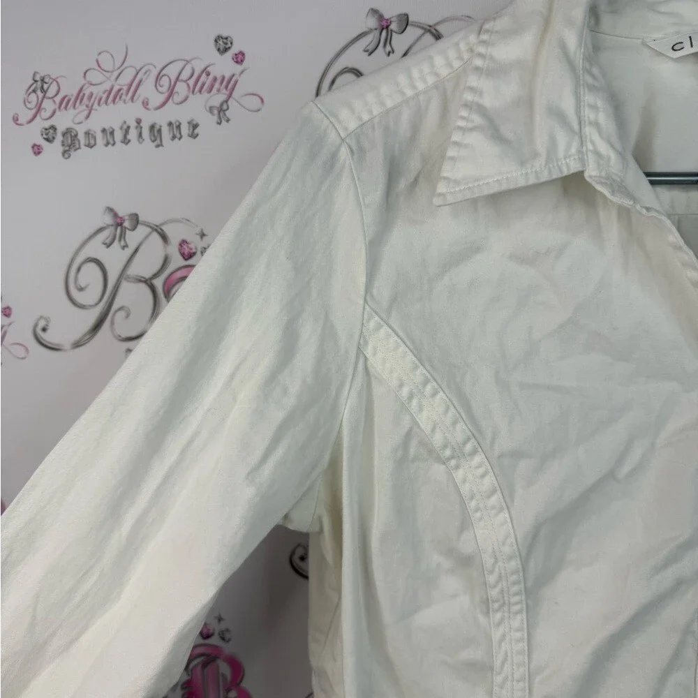Cleo long sleeve shirt button up  cream White Shirt collared shiny buttons - Picture 3 of 13